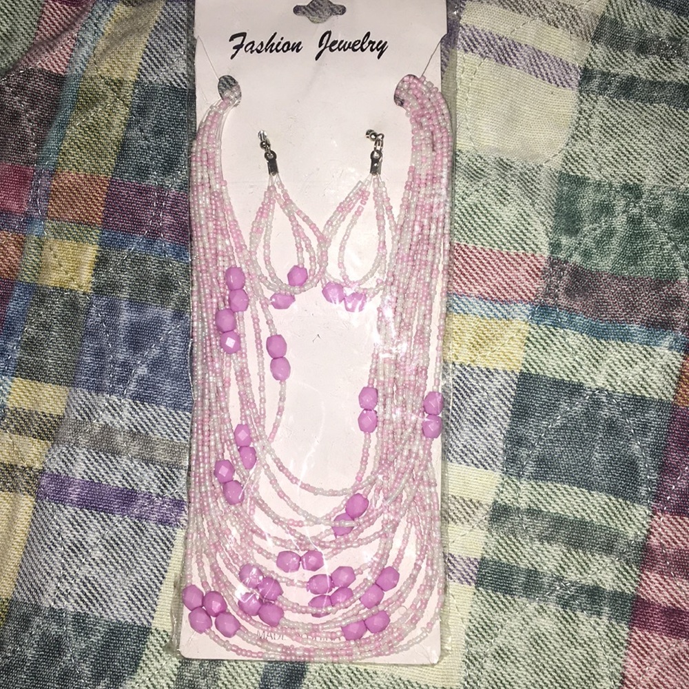 White & Pink Layered Beaded Necklace & Earring Set